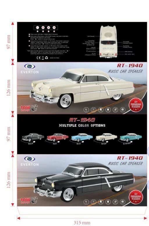 EVERTON RT-1940 araba Görünümlü Bluetooth lu nostalji radyo müzik çalar /aux/tf kırmızı